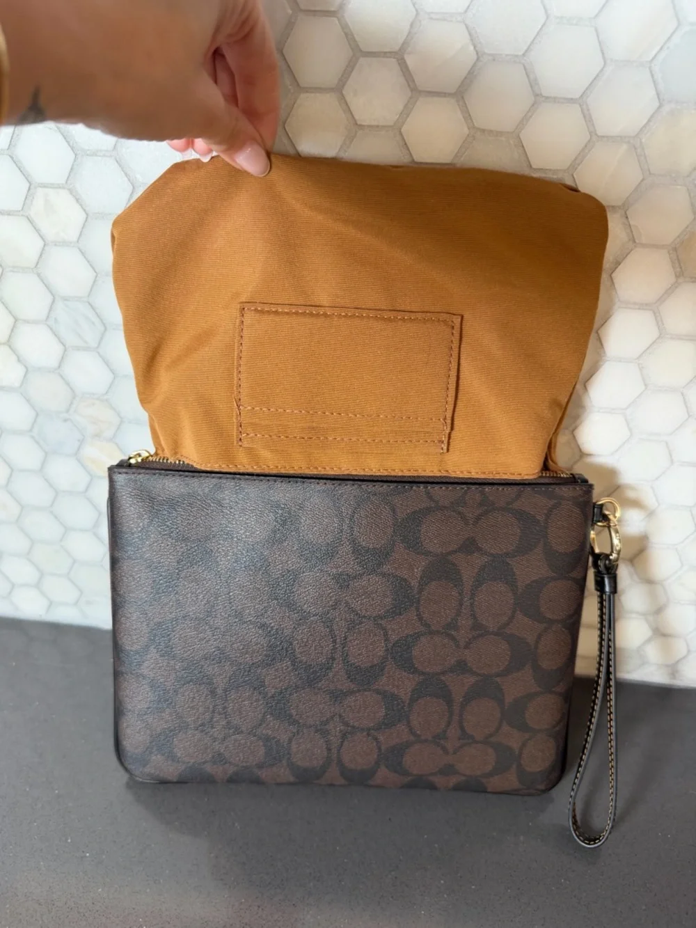 Coach Large PVC Signature Canvas Zip Wristlet Clutch with Gold Hardware EUC